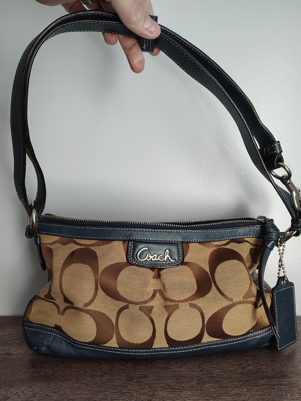 Coach Brown Signature Canvas Shoulder Bag with Blue Leather Trim